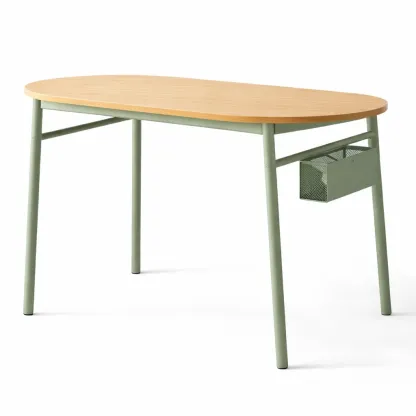 Oval Wood Top Dining Table with Metal Frame and Storage Basket