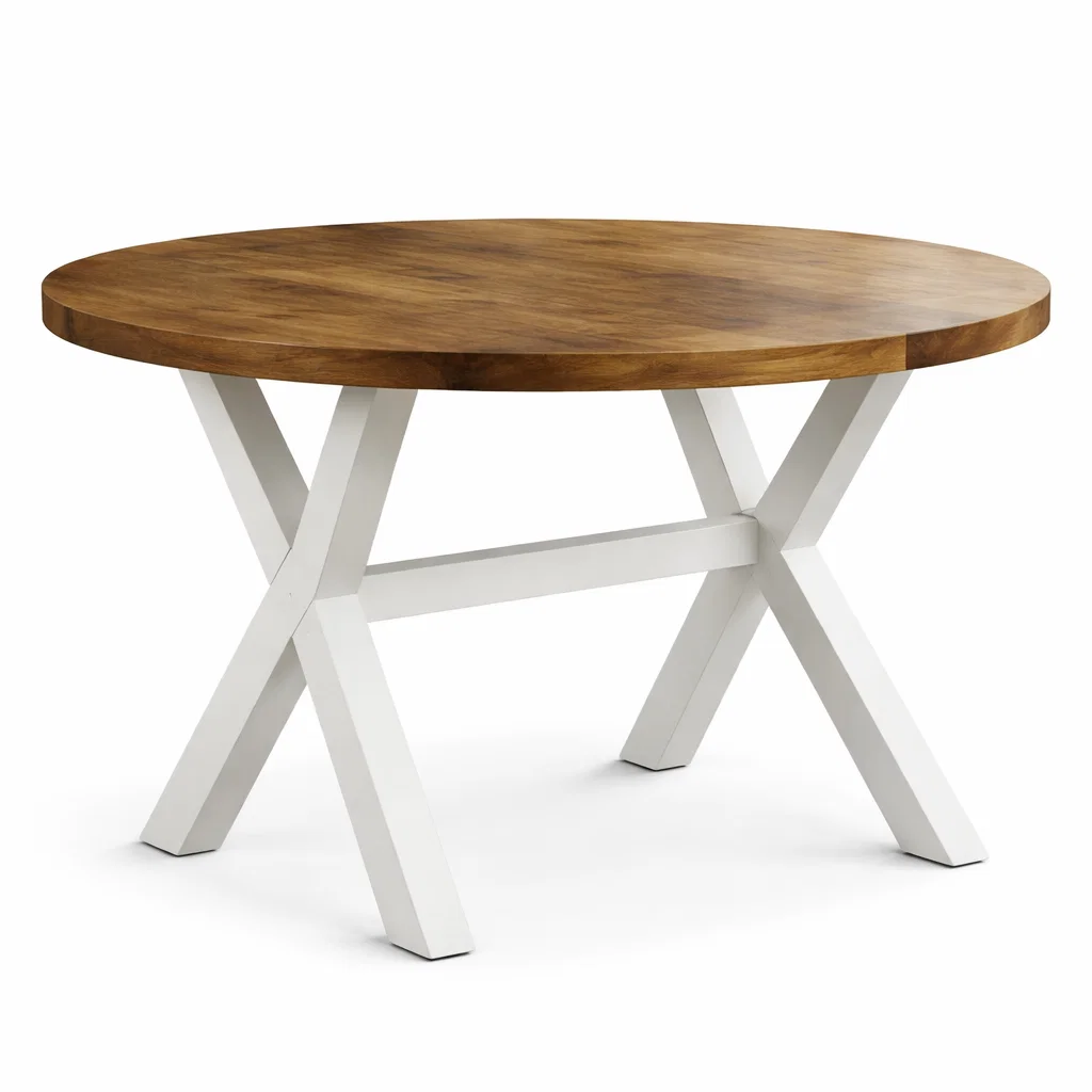 Round solid wood dining table with metal base
