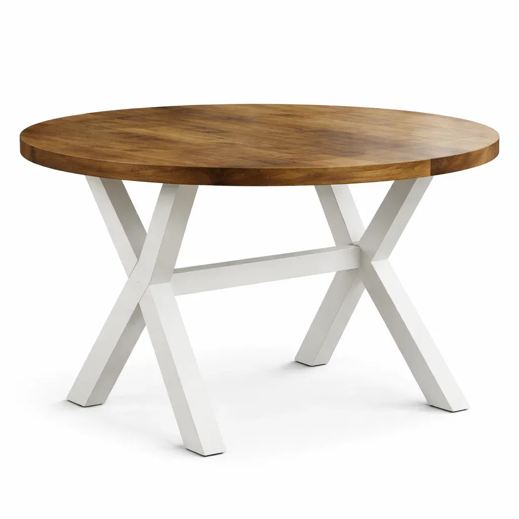 Round solid wood dining table with metal base