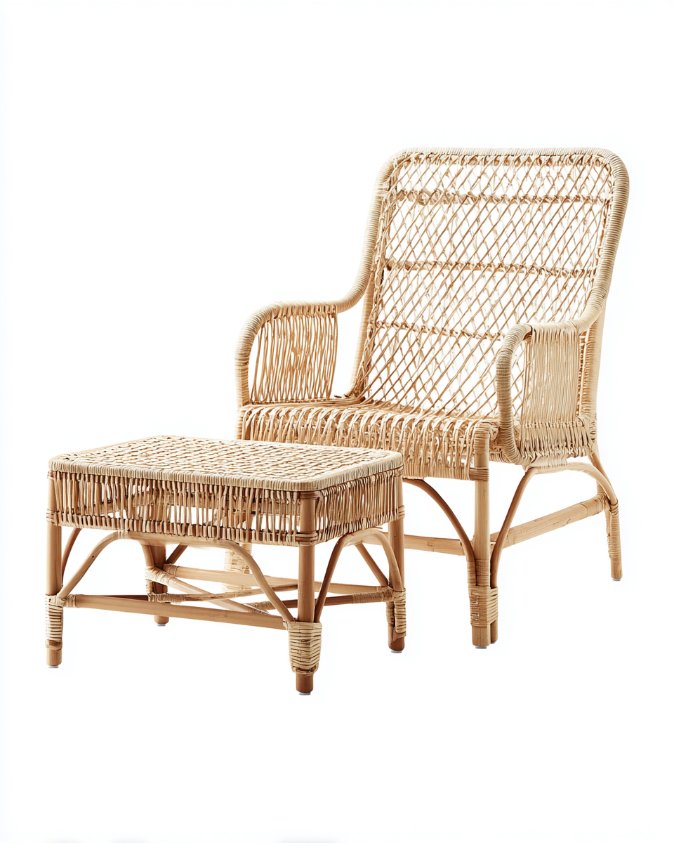 Armchair and Footstool Set Rattan - armchairb 78x74x88cm - natural - for living room - classic relaxed lounge design-Housearo