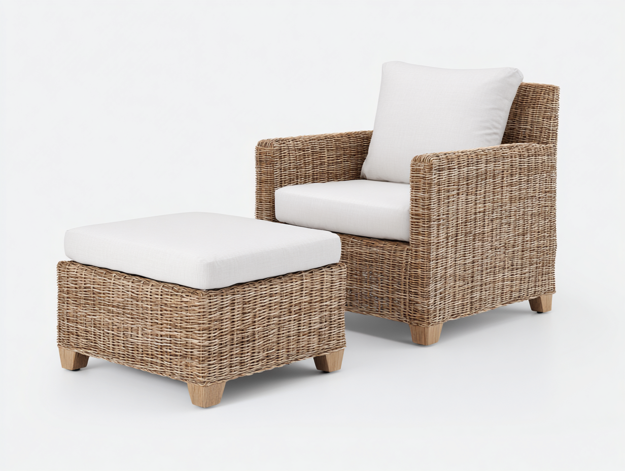 Armchair and footstool set rattan - armchair 82x78x85 cm - natural/white - living room - relaxed seating-Housearo