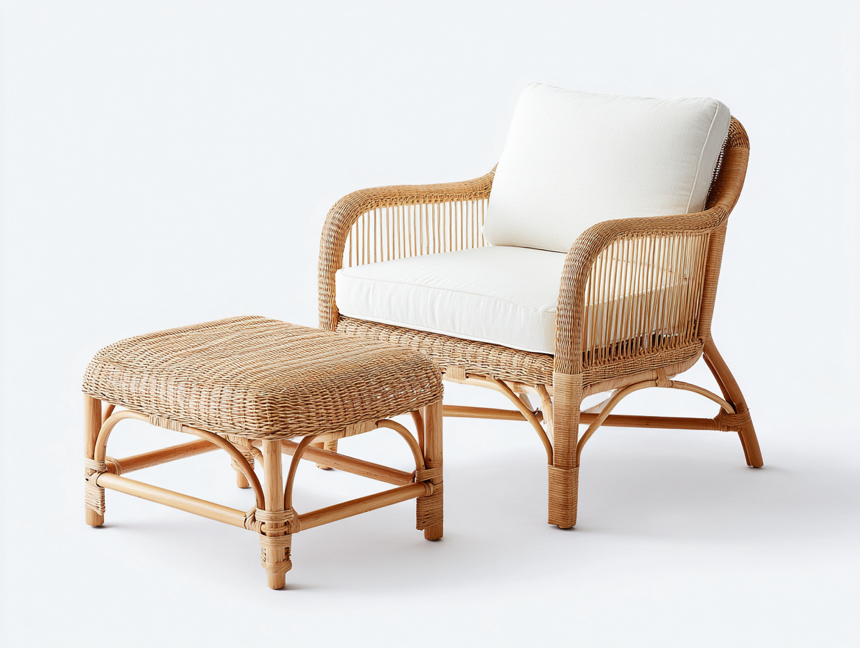 Armchair and footstool set rattan - armchair 78x80x88 cm - natural wood/white - living room - relaxed seating-Housearo