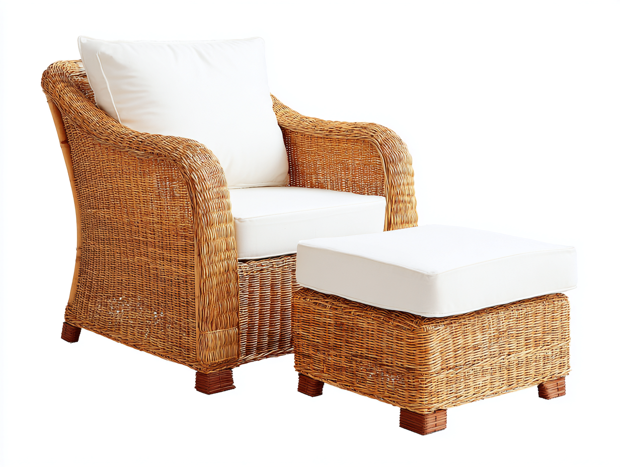 Armchair and Footstool Set Rattan Fabric - armchair 82x78x88 cm - natural/white - for living room - outdoor style lounge seating-Housearo