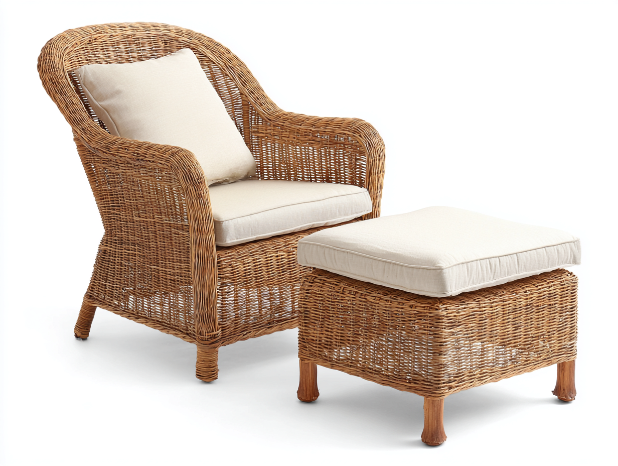 Armchair and Footstool Set Rattan Fabric - armchair 84x80x90 cm - natural/beige - for living room - classic relaxed lounge design-Housearo
