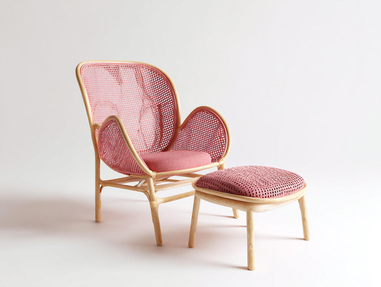 Armchair and Footstool Set Rattan Fabric - armchair 78x72x95 cm - pink/natural - for living room - modern lounge seating design-Housearo