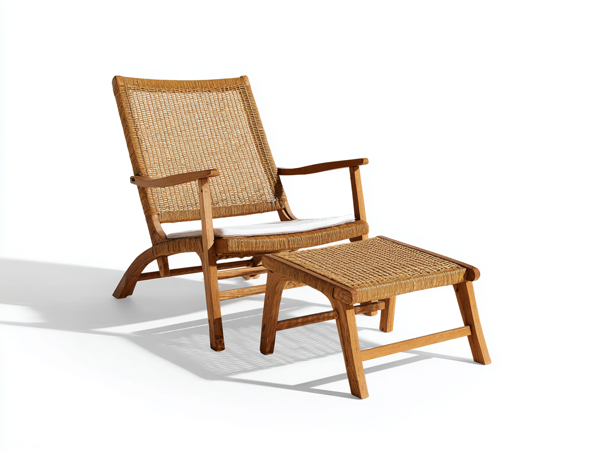 Armchair and Footstool Set Rattan Fabric - armchair 78x74x88cm - natural/white - for living room - classic relaxed lounge design-Housearo