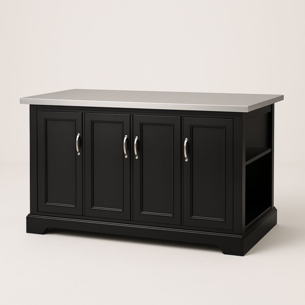 Black Kitchen Island with Stainless Steel Top 135cm