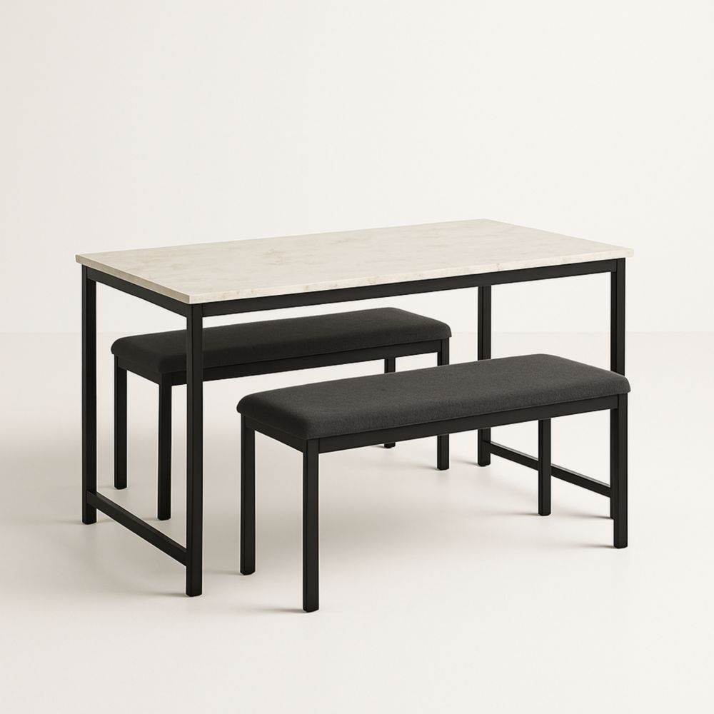Dining Table Set with Marble Look Top and Black Cushioned Benches