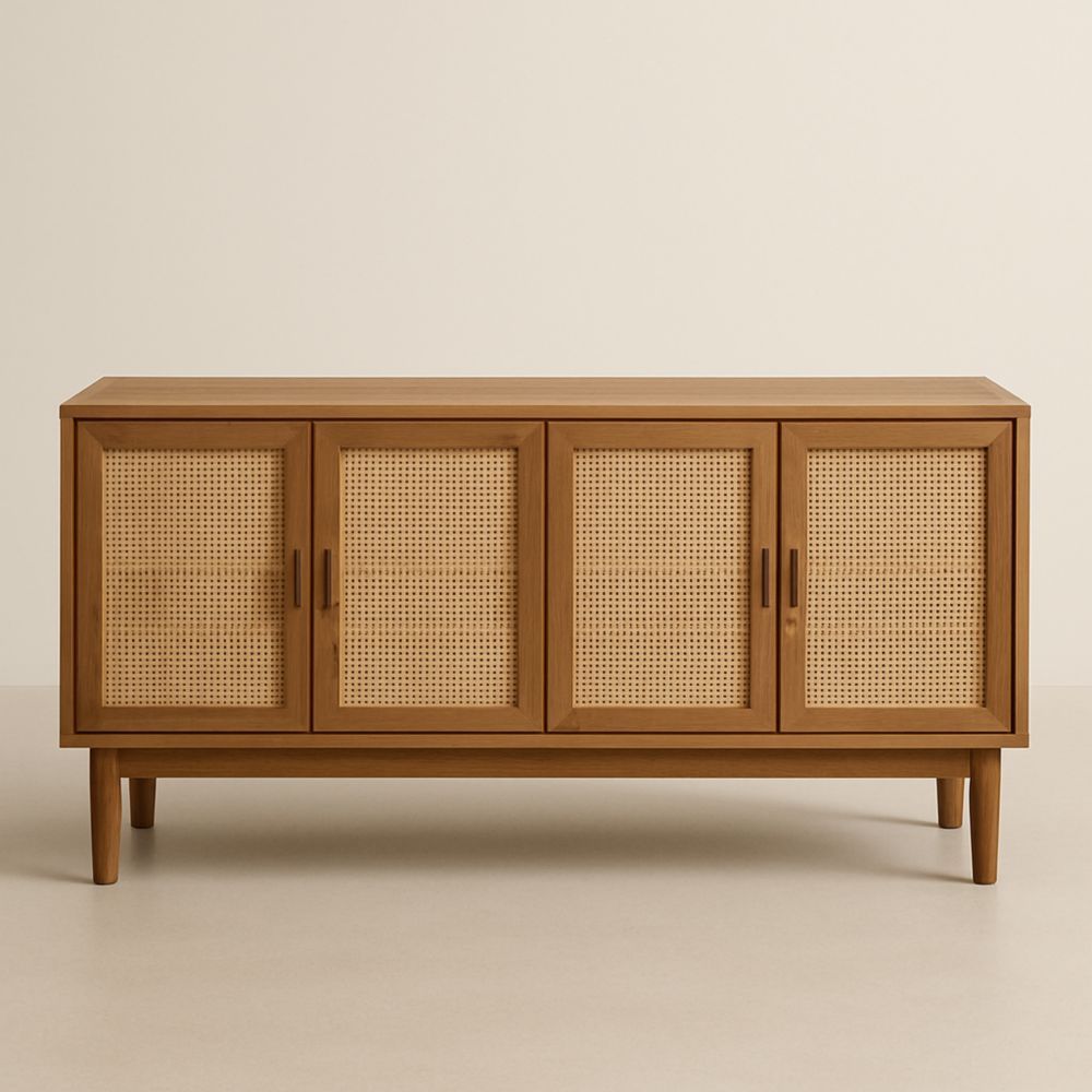 Wooden Sideboard with Rattan Doors 160cm Brown