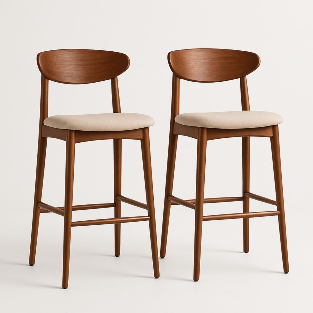 Set of 2 Wooden Bar Stools with Polyester Fabric Seats Brown/Beige