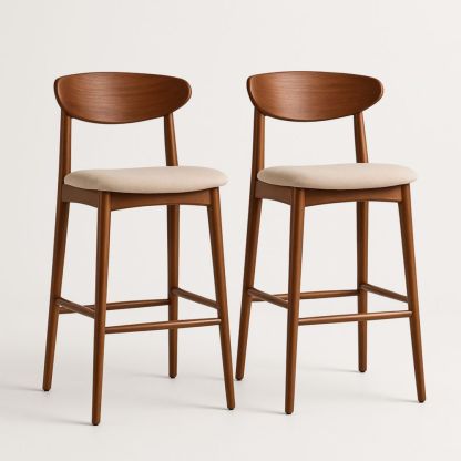 Set of 2 Wooden Bar Stools with Polyester Fabric Seats Brown/Beige