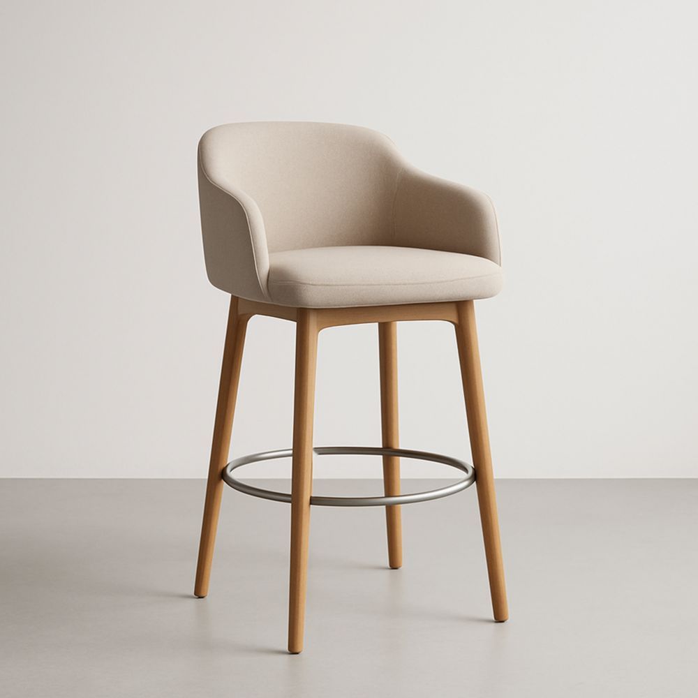 Beige Fabric Bar Stool with Solid Wood Legs and Metal Footrest