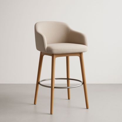 Beige Fabric Bar Stool with Solid Wood Legs and Metal Footrest