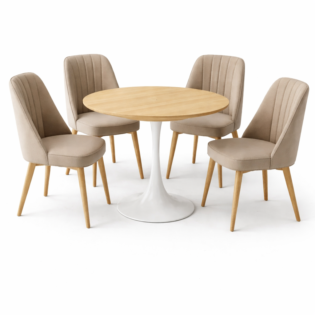 Round Wood Dining Table Set with Four Upholstered Chairs