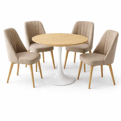 Round Wood Dining Table Set with Four Upholstered Chairs