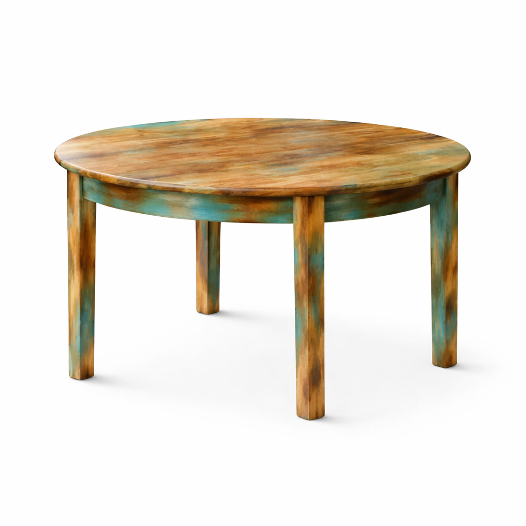 Round Solid Wood Coffee Table with Distressed Teal Finish