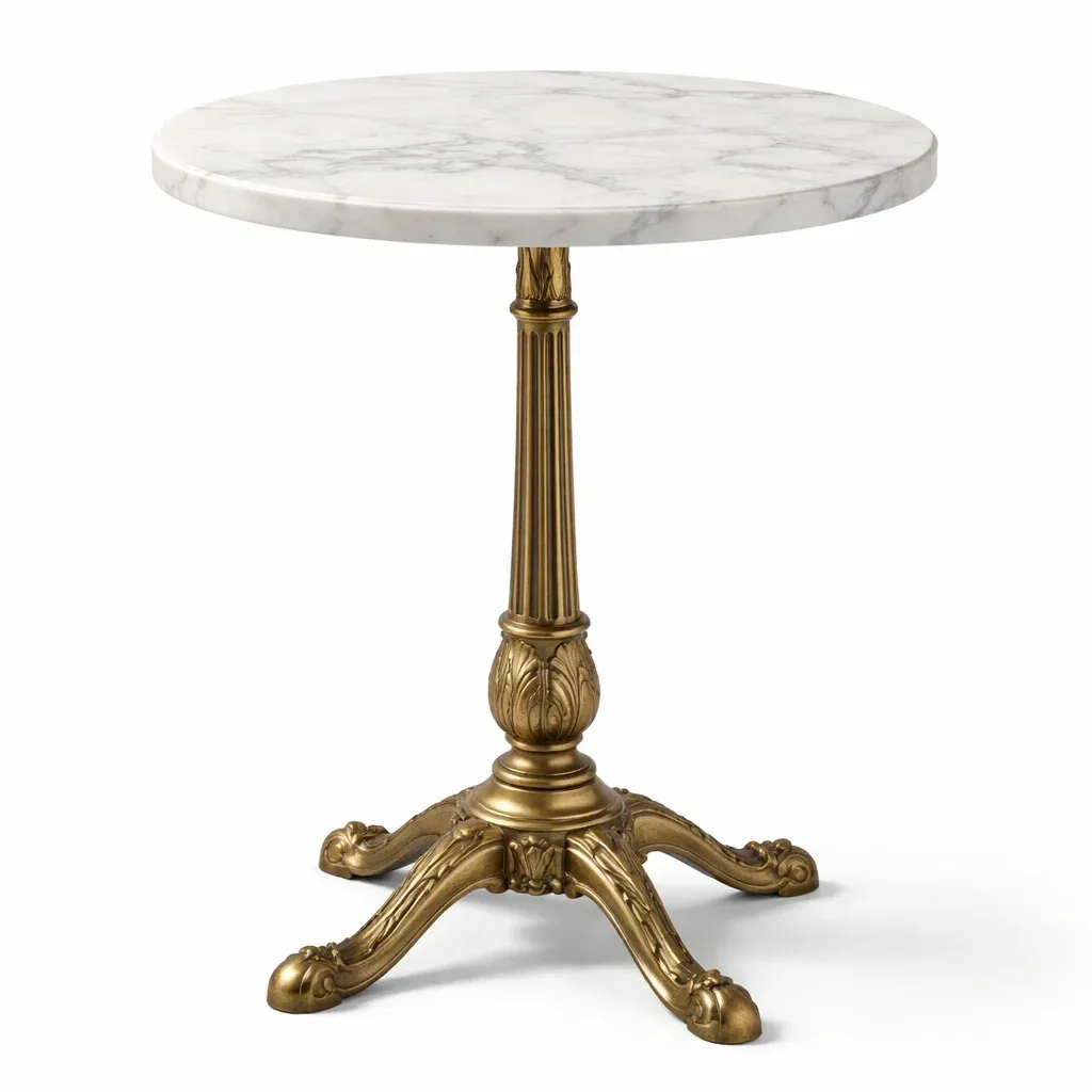 Round Marble Top Side Table with Antique Gold Pedestal Base