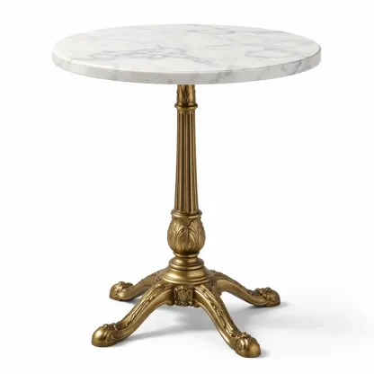 Round Marble Top Side Table with Antique Gold Pedestal Base