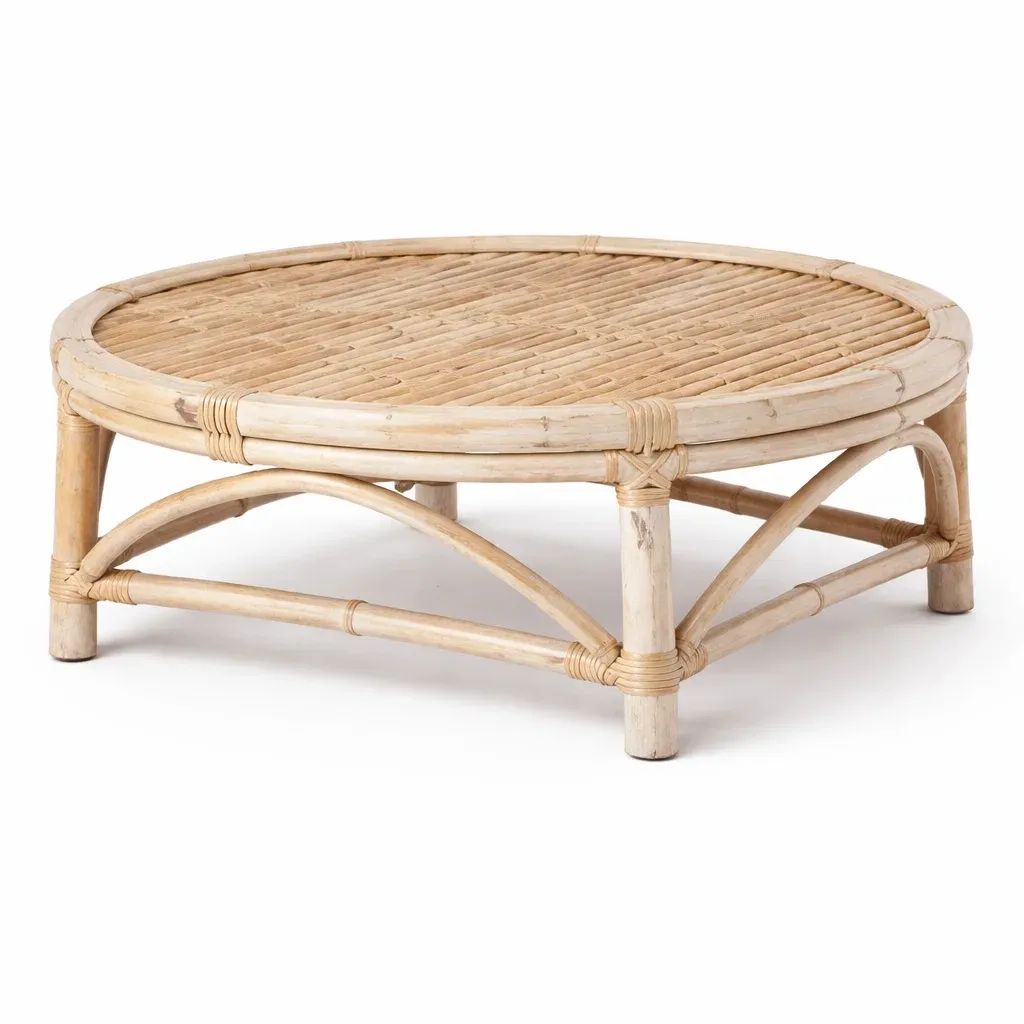 Round Rattan Coffee Table with Natural Bamboo Frame