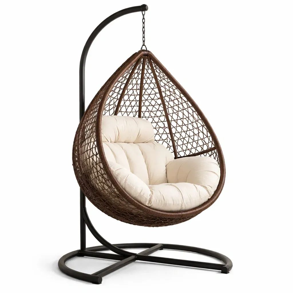 Woven Rattan Hanging Egg Chair with Black Metal Stand