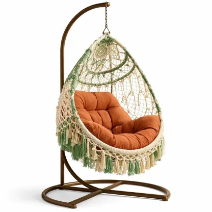 Macrame Hanging Egg Chair with Metal Stand and Cushioned Seat