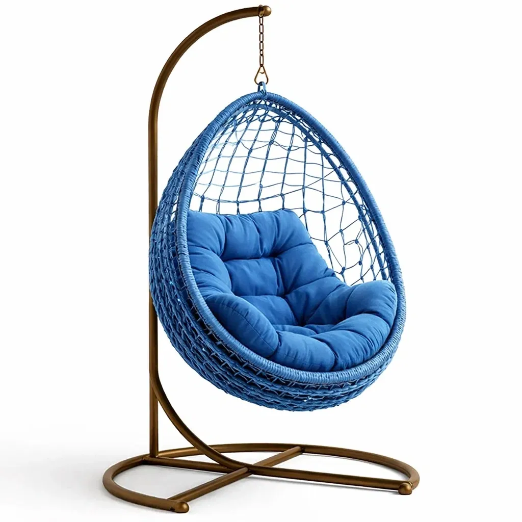 Blue Woven Hanging Egg Chair with Metal Stand and Cushioned Seat