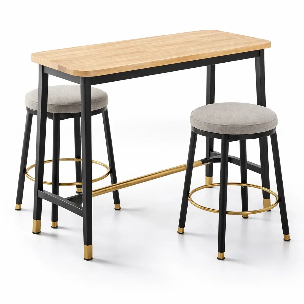 Rectangular Wood Bar Table Set with Two Upholstered Stools