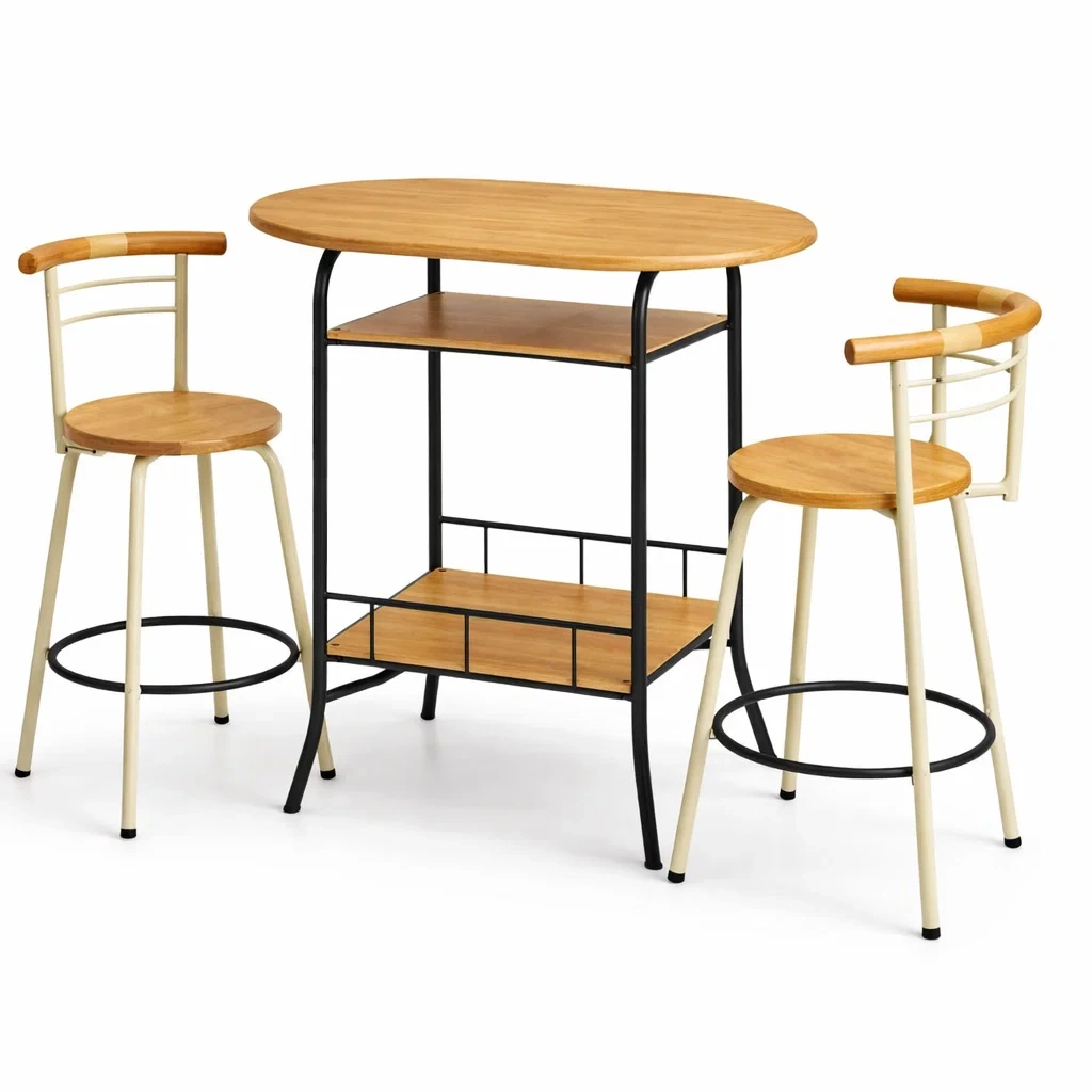 Oval Wood Bar Table Set with Storage Shelf and Two Stools