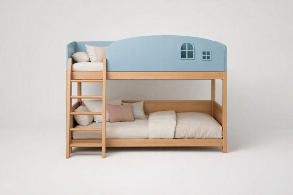 Children's Bunk Bed Set with Pine Wood and Blue MDF Frame