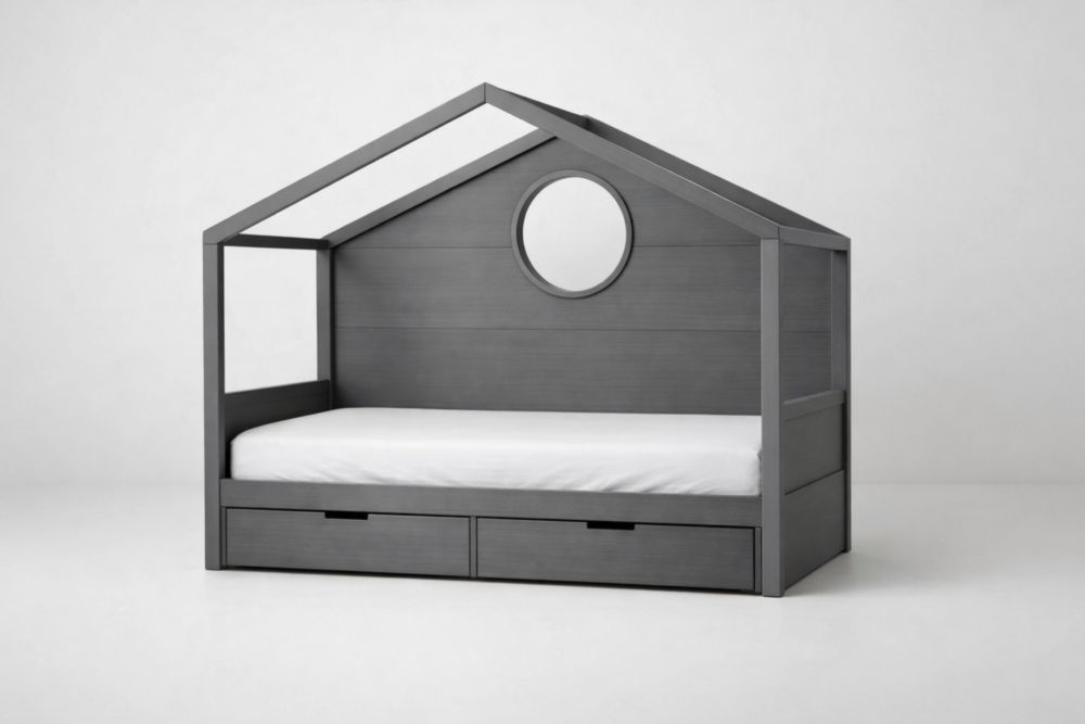 Gray Solid wood House Frame Kids Bed with Storage Drawers Twin Size