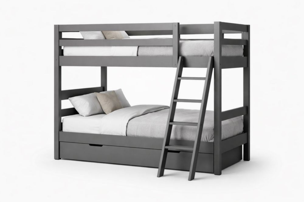 Solid Wood Twin Over Twin Bunk Bed with Ladder and Storage Drawers Gray