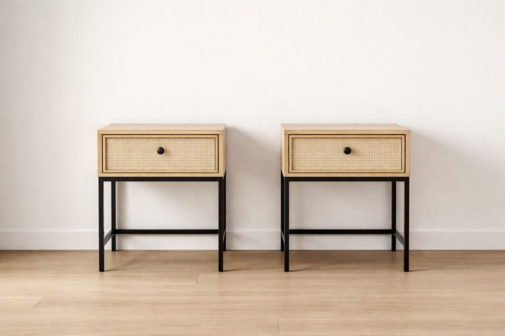 Wood and Metal Nightstand Set with Wicker Drawer Beige