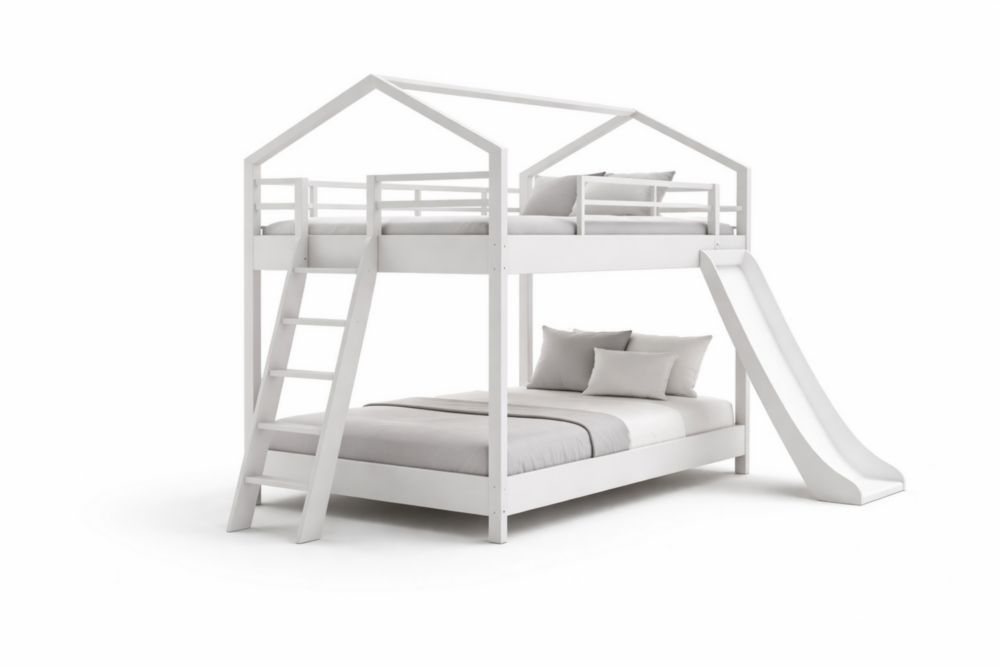 White Solid Pine Wood Bunk Bed with Slide and Ladder