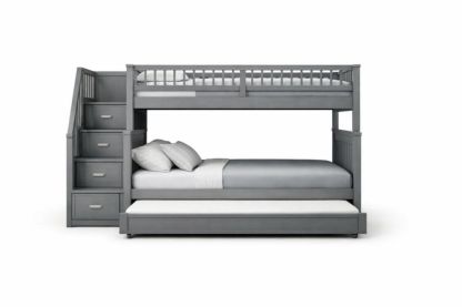 Gray Solid wood Twin Over Twin Bunk Bed with Trundle and Storage Stairs