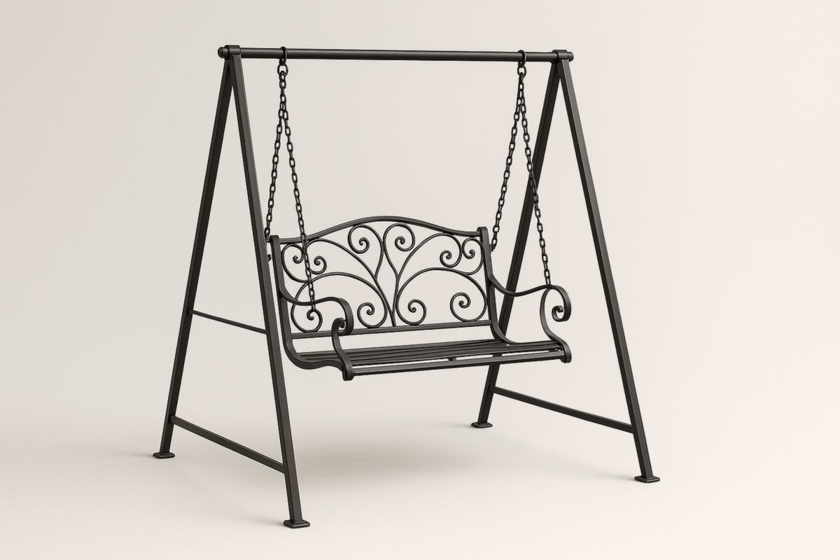 Outdoor Iron Swing Chair with Decorative Backrest Black 120cm x 60cm x 150cm-Habitatlumineux