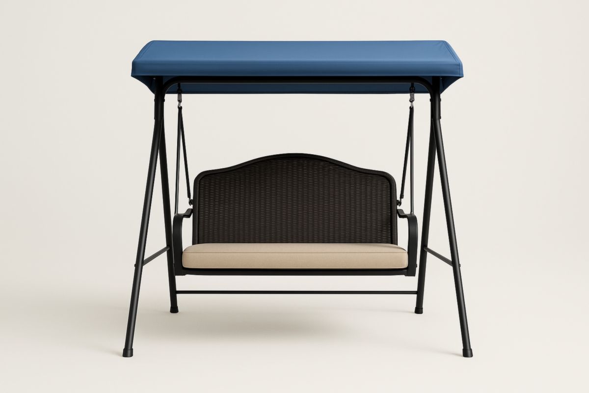 Outdoor Swing with Steel Frame Brown Rattan Cushion Blue Canopy 190cm x 120cm x 170cm-Habitatlumineux