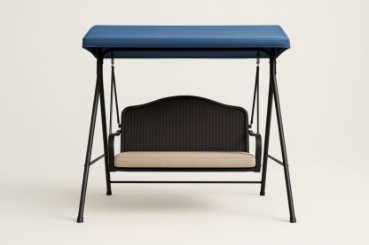 Outdoor Swing with Steel Frame Brown Rattan Cushion Blue Canopy 190cm x 120cm x 170cm-Habitatlumineux