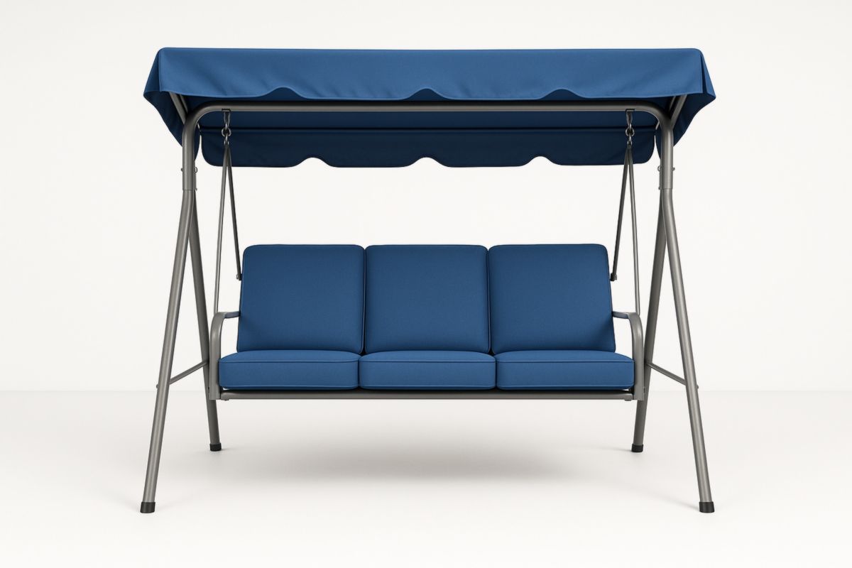 Outdoor Swing Chair with Steel Frame and Blue Cushions-Habitatlumineux