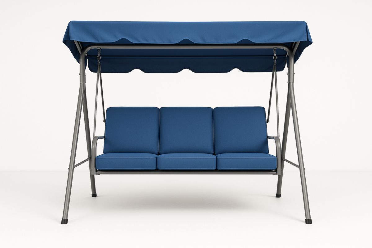 Outdoor Swing Chair with Steel Frame and Blue Cushions-Habitatlumineux