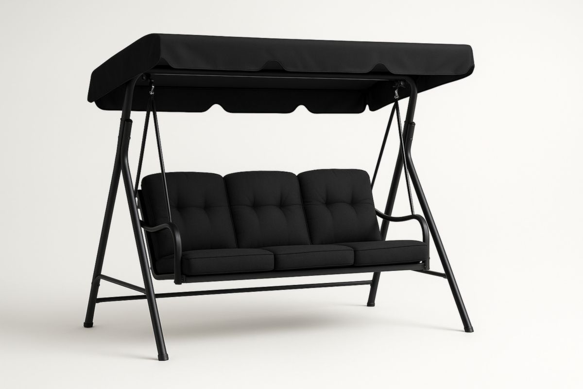 3-Seater Outdoor Swing Chair with Black Metal Frame and Polyester Cushions-Habitatlumineux