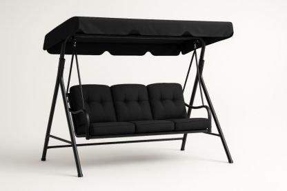 3-Seater Outdoor Swing Chair with Black Metal Frame and Polyester Cushions-Habitatlumineux