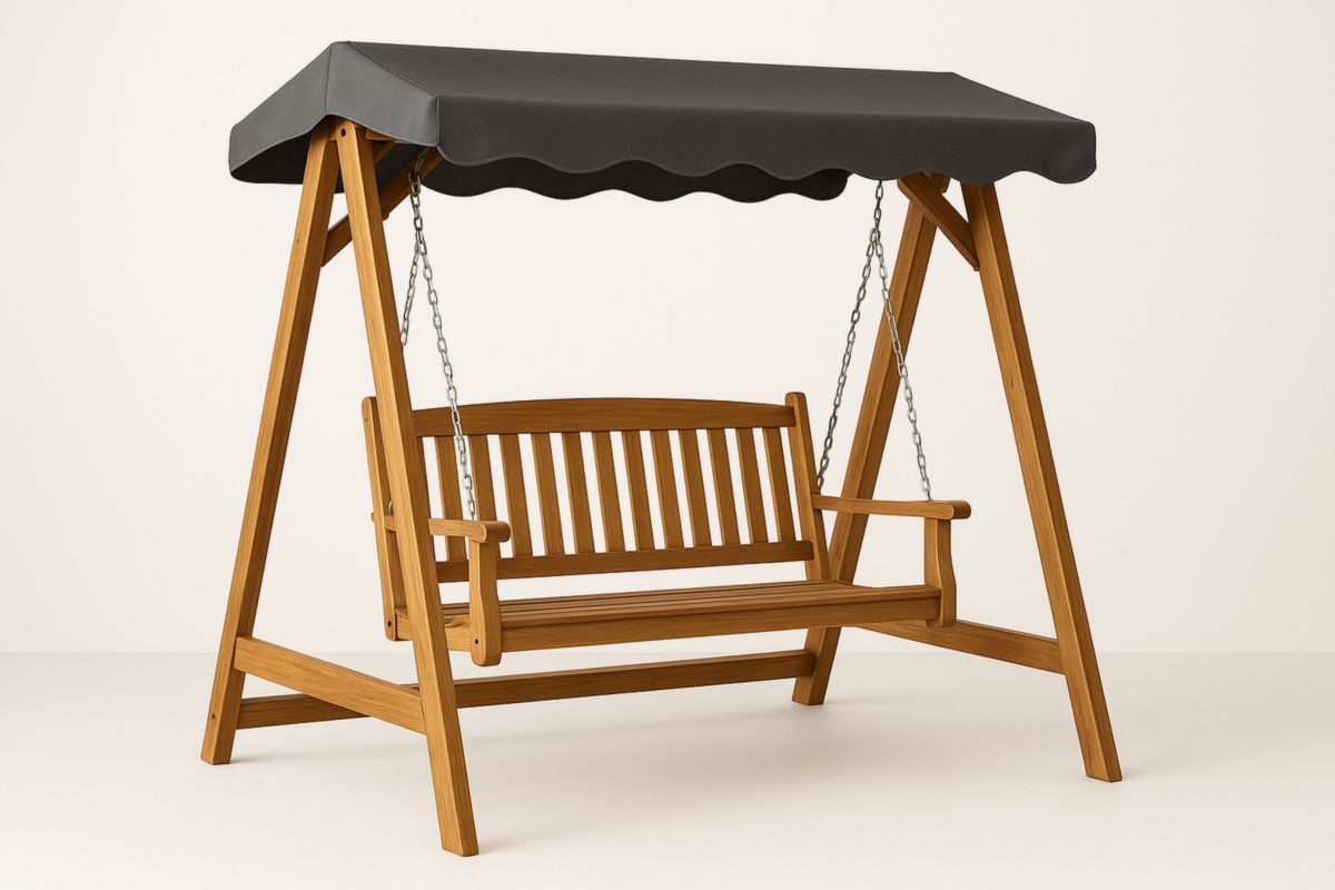 Outdoor Wooden Swing with Canopy in Natural Pine and Grey Fabric-Habitatlumineux