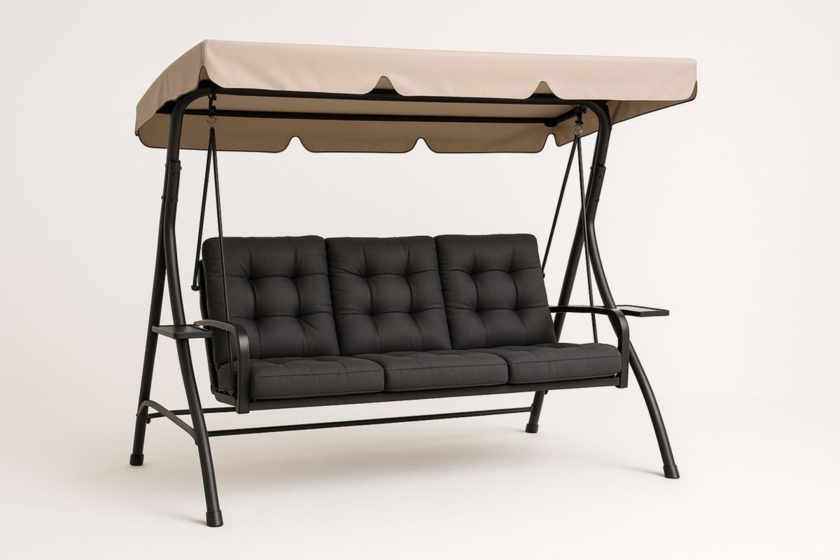 Outdoor Swing Chair with Canopy Three-Seater Black Cushions Steel Frame-Habitatlumineux