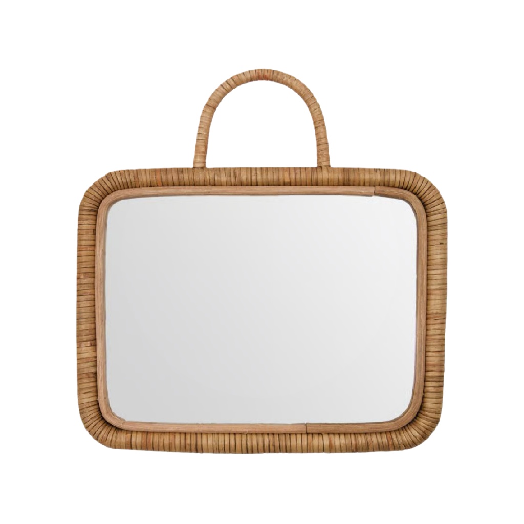 Espejo rectangular de pared con marco de ratán natural y asa-carlosfoster.shop