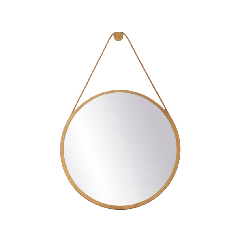 Espejo redondo de pared con marco de madera y cuerda colgante-carlosfoster.shop