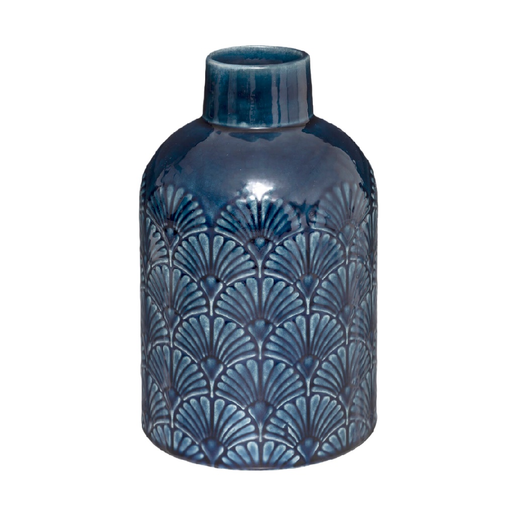 Jarrón decorativo de cerámica azul con relieve geométrico-carlosfoster.shop