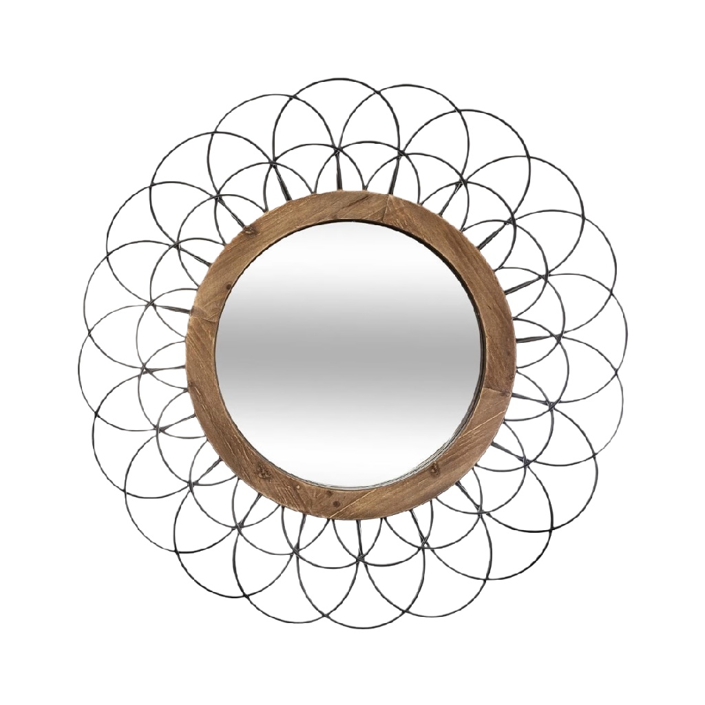 Round Wall Mirror with Wooden Frame and Metal Wire Design-carlosfoster.shop