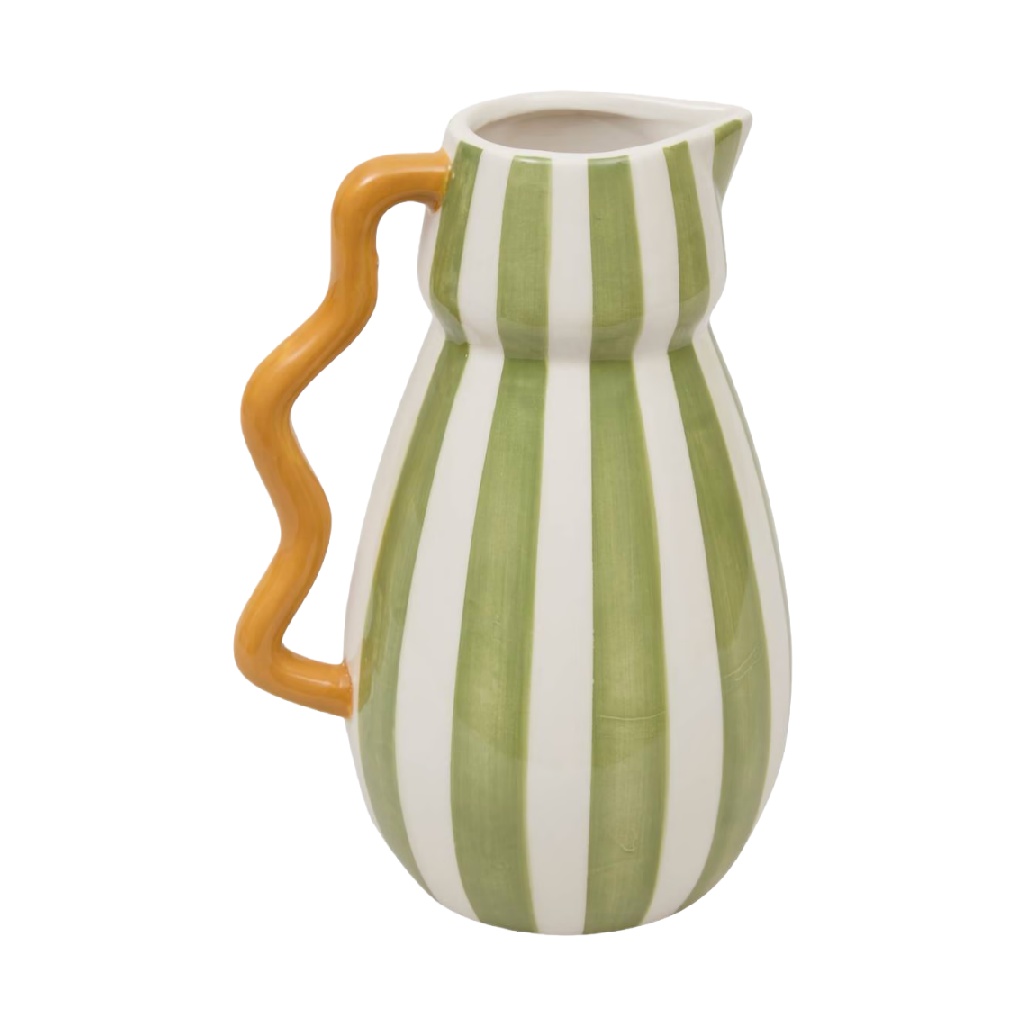 Green and White Striped Ceramic Pitcher Vase with Handle-robertmargot.shop