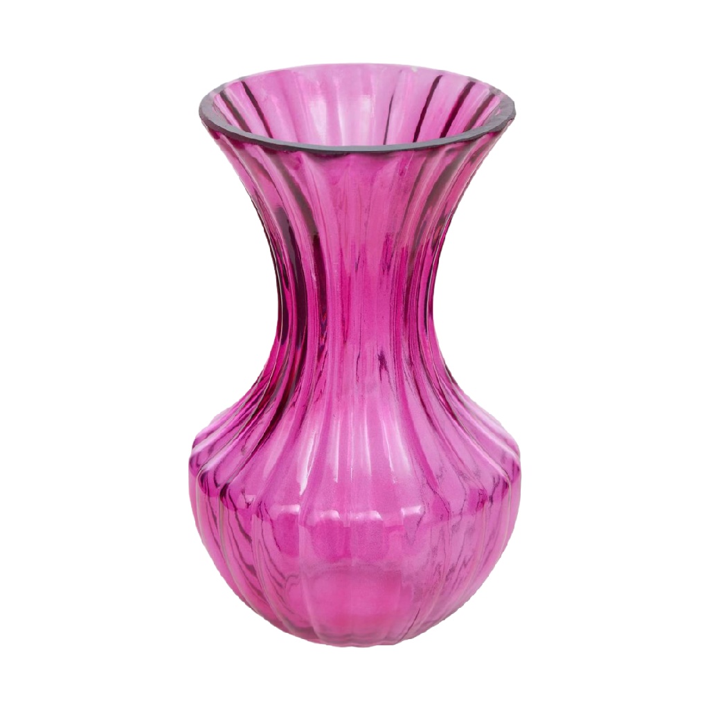 Pink Ribbed Glass Vase, Flared Neck Design-robertmargot.shop