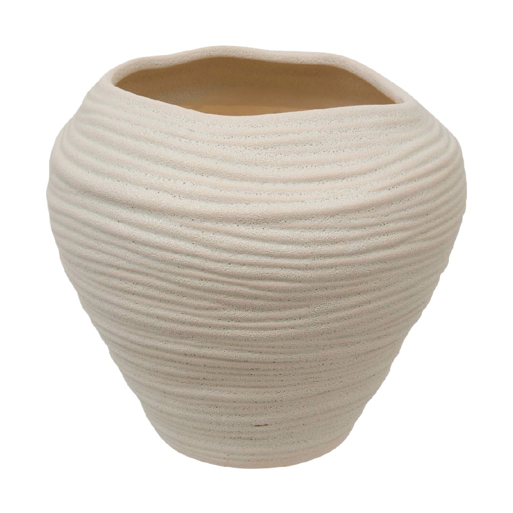 Beige Textured Ceramic Vase, Rounded Wide Shape-robertmargot.shop